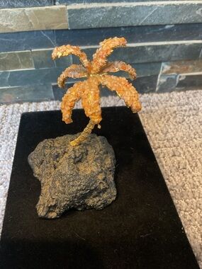 Vintage Hawaiian Metal Palm Tree Coral on Lava Rock Sculpture 4.5”